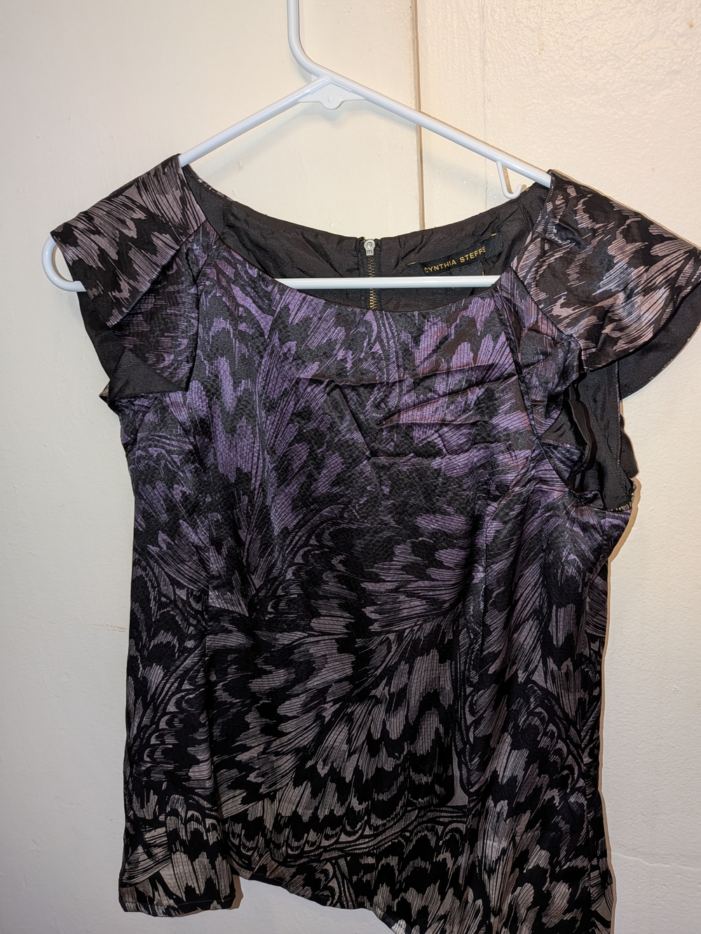 Cynthia Steffe Purple & Black Ruffle Sleeve Printed Blouse